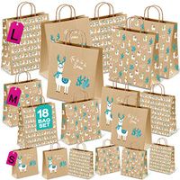 18 Llama Holiday Gift Bags, Kraft Christmas Paper Gift Bags, Small Medium Large Assorted Sizes, Adorable Festive Prints for Holiday Gift Wrapping, Bulk Xmas Bag Set, Reusable Recyclable