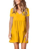 Amoretu Women Deep V Neck Loose Shift Summer Tunic Dress Short Sleeves Yellow S