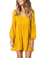 Amoretu Women Long Sleeve Tunic Dress V Swing Shift Dresses(Yellow,XX-Large)