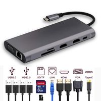 USB C Hud, 11 in 1 Space Grey USB-C Laptop Docking Station, Triple Display Type C for MacBook & Windowns, 2 HDMI, VGA,4 USB Ports,SD TF Card Reader Gigabit Ethernet for MacBook, Other USBC Laptop