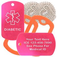 Custom 2 Pack - Diabetic Medical Alert ID Necklaces with Pink Hot Custom Tags, Orange Silencers, and 30'' USA Chains