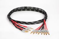 Elite Pure Copper Black Silver Braided Bi-Wire Speaker Cable 1 Pair, 2 to 4 Gold-Plated Banana Plugs, MADE IN USA. (30 Ft)