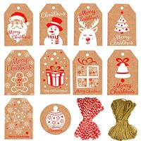 100 Pack Christmas Tags,Christmas Gift Tags 10 Designs Brown Kraft Paper Merry Christmas Tags with 20 Meters Twine String Tie for DIY Xmas Holiday Present Wrap Gift Tags