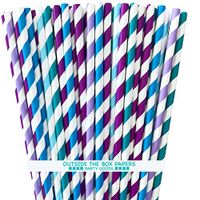 Under The Sea Mermaid Theme Striped Paper Straws - Purple Blue Teal Lilac - 7.75 x .25 Inches - 125 Pack - Outside the Box Papers Brand