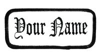 Name patch Uniform or work shirt personalized Identification tape Embroidered Sew On, Hook Fastener or Iron on, White/Black Old English, Hook Fastener