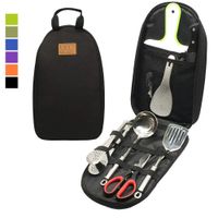 8pcs Camping Cookware Kitchen Utensil Organizer Travel Accessories Set - Portable Bbq Camp Cookware Utensils Travel Kit with Water Resistant Case, Cutting Board, Rice Paddle, Tongs, Knife (Black)