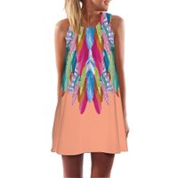 Chaofanjiancai_Dress Women's Feather Print Sleeveless Mini Dress Summer Casual Boho Dress Party Cocktail Dress Orange