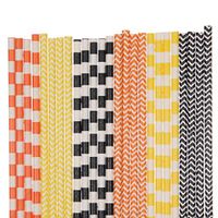 Orange, Black and Yellow Paper Straw Mix - Striped, Chevron (25)