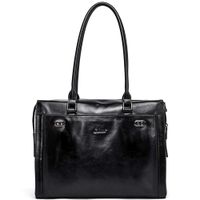 Womens Briefcase Oil Wax Genuine Leather 15.6 Inch Laptop Business Vintage Ladies Shoulder Bag Black