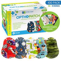 Optho-Patch Kids Eye Patches - Fun Boys Design - 90 + 10 Bonus Latex Free Hypoallergenic Cotton Adhesive Bandages for Amblyopia and Cross Eye - 3 Reward Chart Posters by Defined Vision
