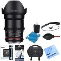 Rokinon DS 35mm T1.5 Full Frame Wide Angle Cine Lens for Canon EF Mount Bundle with 32GB Memory Card, Camera Bag for DSLR and Mirrorless Cameras, 3-Piece Cleaning Kit and Digital Grey Card Set