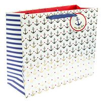 Graphique Gold Anchor Large Gift Bag - Embellished Gold Foil Anchor Pattern on White Background, Grosgrain Navy Blue Ribbon Handles and Coordinating Gift Tag, 12.5" x 10.5"