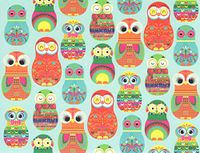 Bird Inspired Owl Matryoshka Nesting Doll Set of 8 Blank Notecards with Envelopes ~ Colorful Owls on Blue (5.25" x 4"; White Envelopes)