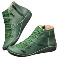 Women's Ankle Boots Ladies Leather Retro Lace up Side Zip Vintage Booties Flat Heel Arch Support Shoes Green