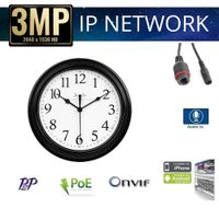 3.0MP H.264/H.265 HD Network IP PoE/12VDC Hidden/Spy Security Camera with: 3.7mm Lens, ONVIF, 9 inch Wall Clock Form Factor