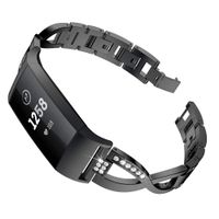 Aiiko Band Compatible with Fitbit Charge 3/Charge 3 SE,Fashion Link Design Stainless Steel Metal Bracelet with Crystal Rhinestone Diamond Bling Replacement for Fitbit Charge 3 Smart Watch,Black