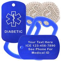 Custom 2 Pack - Diabetic Medical Alert ID Necklaces with Blue Custom Tags, Blue Silencers, and 30'' USA Chains