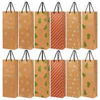 24-Pack Christmas Gift Wine Bags - Kraft Paper Bags, Paper Bags with Handles for Shopping, Christmas Gifts, 6 Assorted Designs - 15.3 x 3.2 x 5.5 Inches