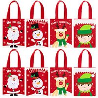 Whaline 8Pcs Red Christmas Tote Gift Bag, Reusable Non-Woven Thickened Candy Bag, Santa Claus Snowmen Little Prince Reindeer Design Shopping Bags with Long Loop Handles for Christmas Party Favors