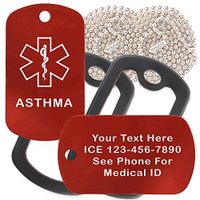 Custom 2 Pack - Asthma Medical Alert ID Necklaces with Red Custom Tags, Black Silencers, and 30'' USA Chains