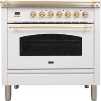 Ilve UPN90FDMPB Nostalgie Series 36 Inch Dual Fuel Convection Freestanding Range, 5 Sealed Brass Burners, 3.55 cu.ft. Total Oven Capacity in White, Brass Trim (Natural Gas)