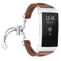 fastgo Leather Bracelet Compatible with Fitbit Charge 3/Charge3 SE Bands, Premium Stainless Steel Replacement Wristbands Classy Women Girls Adjustable (Brown)
