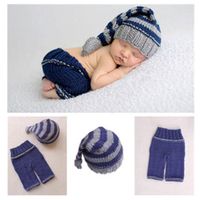 Newborn Baby Photo Shoot Props Girl Boy Crochet Knit Hat Costume Stripe Hat Pants Overalls Photography Props