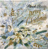 Punch Studio Cocktail Beverage Paper Napkins, 40 ct, Blue Winter Peacock with White Poinsettias 66152
