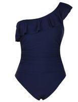Hilor Women's One Piece Swimsuits One Shoulder Swimwear Asymmetric Ruffle Monokinis Bathing Suits Navy 10