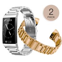 Shangpule Compatible for Fitbit Charge 3 & Charge3 SE Bands(2 Pack), Stainless Steel Metal Replacement Accessories Women Man Large Small (Silver + Gold)