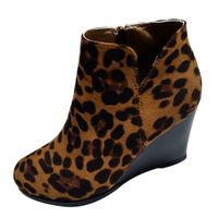 Meikosks Women's Wedges Ankle Booties Retro V Cutout Comfy Short Boots Flock Leather Zip Closure Stacked Chunky Block Heels Shoes Leopard-Brown
