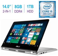 ASUS 14.0-inch 2-in-1 Touchscreen FHD Laptop, Intel i5-8250U 8GB DDR4 SDRAM, 1TB HDD, Fingerprint Reader, Backlit Keyboard, Windows 10 (Certified Ref