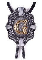 Moranse Golden Initial A to Z in Flower Nursery Cowboy Bolo Tie with Cowhide Rope(G)