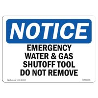 OSHA Notice Sign - Emergency Water And Gas Shutoff Tool Do Not Remove | Vinyl Label Decal | Protect Your Business, Work Site |  Made in the USA, 14" X 10" Decal