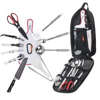 14pcs Backpacking Camping Cookware Kitchen Utensil BBQ Organizer Travel Mess Kit with Water Resistant Case, Cutting Board, Rice Paddle, Tongs, Scissors, Knife, Spork, Wine Opener (14pcs (Black))