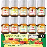 Fruity Fruits Good Essential Fragrance Oil Set (PACK OF 10) 5ml Set Includes Strawberry, Apple, Watermelon, Pineapple, Cucumber Melon, Red Cherry, Mango, Peppermint, Lemon, and Orange