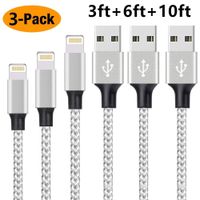 Charger Cable USB Nylon Braided Syncing 3Pack 3FT 6FT 10FT Charging Cable Compatible with Phone X 8 8 Plus 7 7 Plus 6s 6s Plus (Silver White)