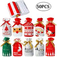 Blulu 50 Pieces Candy Gift Cookie Bags Drawstring Bags Christmas Treat Bag Plastic Bag with Ribbon for Christmas Birthday Wedding Holiday New Year Favor