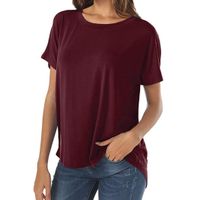 Fheaven Hot Sale Summer Women Casual Crew Neck Batwing Solid Color Short Sleeve Hem Loose Top (S, Wine)