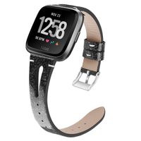 Shangpule Compatible with Fitbit Versa/Versa 2/Versa Lite Edition Bands, Genuine Leather Shiny Bling Replacement Strap Wristband for Versa Smart Watch Women Men Large Small (Shiny Black)