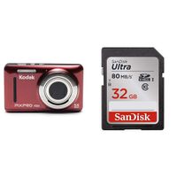 Kodak PIXPRO Friendly Zoom FZ53-RD 16MP Digital Camera with 5X Optical Zoom and 2.7" LCD Screen (Red) & SanDisk 32GB Ultra Class 10 SDHC UHS-I Memory Card Up to 80MB, Grey/Black (SDSDUNC-032G-GN6IN)