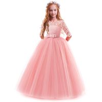 IBTOM CASTLE Spring Flower Girl Wedding Bridesmaid 3/4 Sleeves Kids Floral Lace Pageant Communion Princess Dress Prom Evening Dance Gown Pink 3-4 Years
