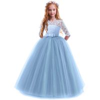 Girls Flower Floral Lace 3/4 Sleeves Floor Long Princess Dress Wedding Party Evening Formal Pegeant Maxi Gown (Blue, 11-12 Years)