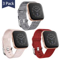 Maledan Compatible with Fitbit Versa/Versa Lite/Fitbit Versa 2 Bands for Women Men, Woven Fabric Strap Replacement for Fitbit Versa Smart Watch, Large Size 3 Pack Beige/Red/Black&White Houndstooth