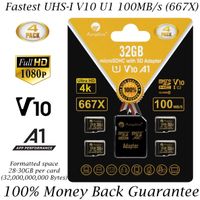 Amplim 4 Pack 32GB Micro SD SDHC Memory Card Plus Adapter (Class 10 U1 UHS-I V10 A1 MicroSDHC Pro) 4X 32 GB Ultra High Speed 100MB/s 667X Flash for Cell Phone Tablet GoPro Camera Fire Nintendo DJI