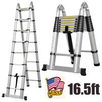 Aluminum Telescoping Extension Ladder 330 Pound Capacity 16.5 Feet 16 Folding Steps A-Frame 2.5m+2.5m