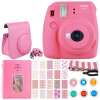 Fujifilm instax Mini 9 Instant Film Camera (Flamingo Pink) + Button Closure Case with Strap + Album 128 Pockets + 6 Colored Filters + 20 Sticker Frames for Fuji Prints Baby Girl + Striped Neck Strap