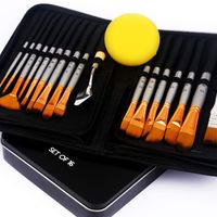 BENICCI Paint Brush Set of 16 - 15 Different Shapes + 1 Flat Brush - with Pallete Knife and Sponge - Nylon Hair and Ergonomic Non Slip Matte Silver Handles - with Standable Organizing Case & Tin Box