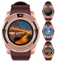 V8 Sports Smartwatch Bluetooth with Camera Message Push Touch Screen Pedometer Sedentary Reminder Sleep Monitor Instant Notification Anti-Lost Smartwatch for Android Phone (Brown+Rose Gold)
