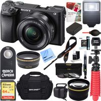 Sony ILCE-6500 a6500 4K Mirrorless Camera (Black) w/ 16-50mm Power Zoom Lens + 32GB Accessory Bundle + DSLR Photo Bag + Extra Battery + Wide Angle Lens+2X Telephoto Lens + Flash + Remote + Tripod